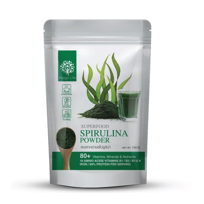 ผงสาหร่ายสไปรูลิน่า สกัด 10:1 B12 ให้สารอาหารเ Organic Spirulina Powder ยี่ห้อ Feaga Life 100 กรัม